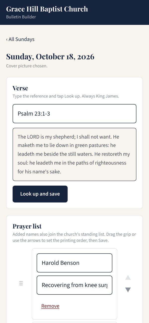 The phone screen for one Sunday, with its King James verse and prayer list