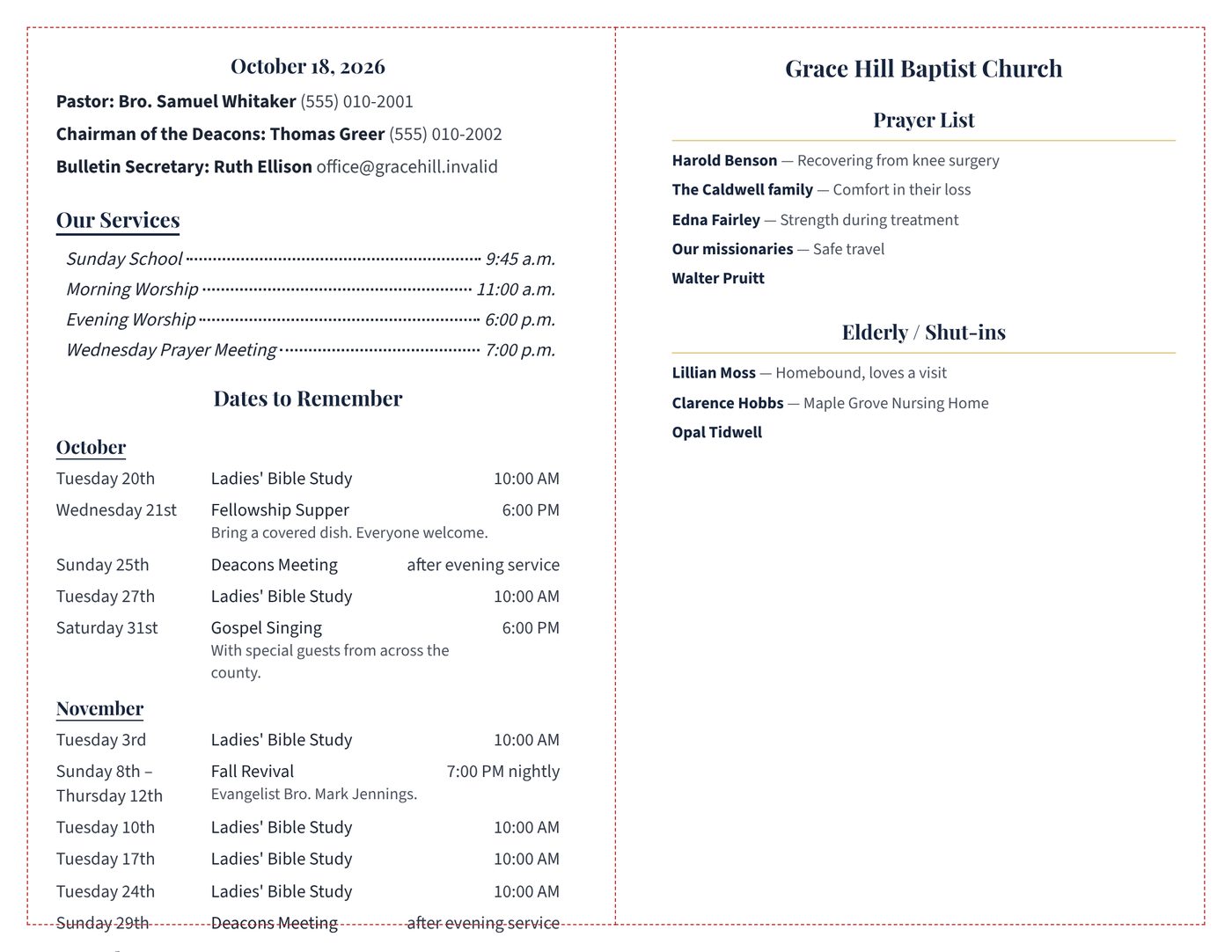 The inside of a printed bulletin: contacts, service times, upcoming events, the prayer list and shut-ins